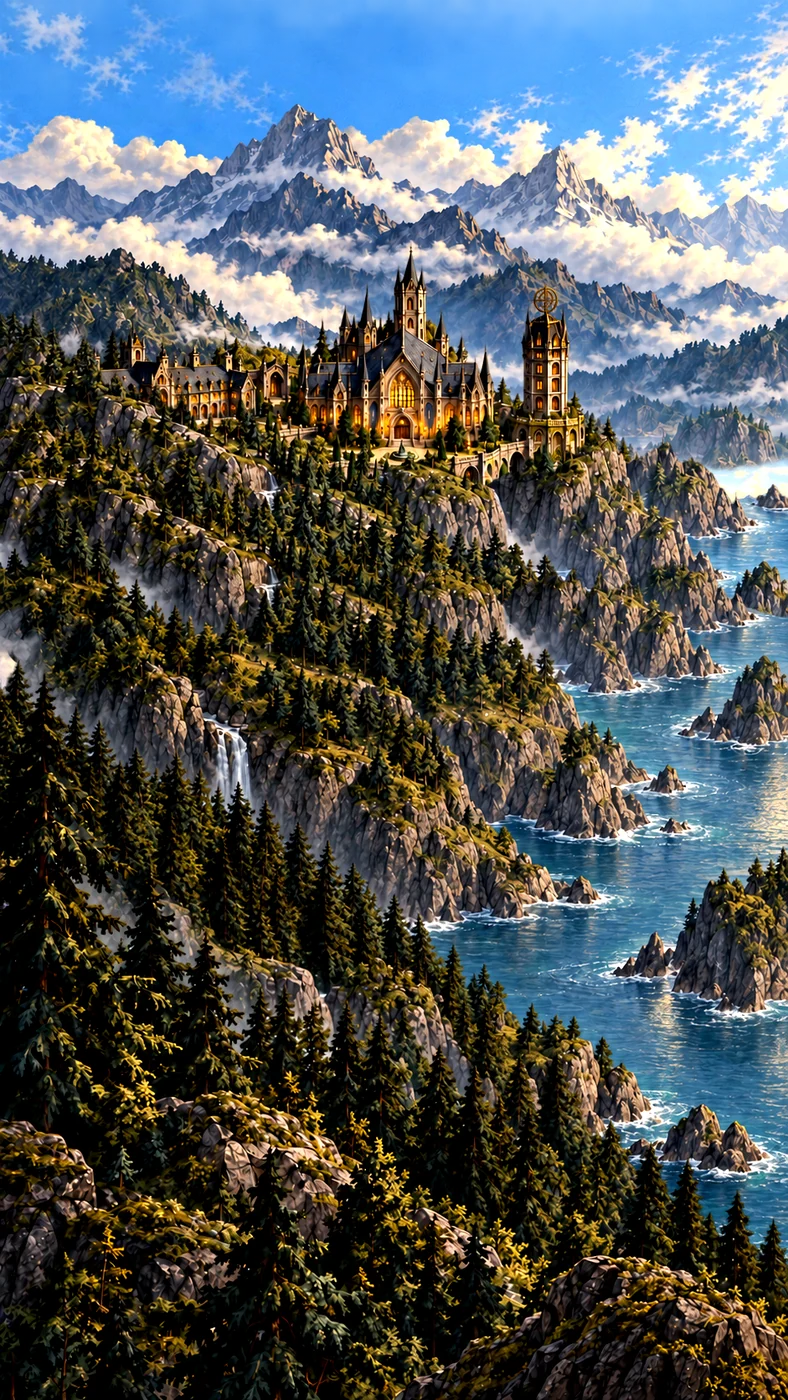 The Academy rises above a forested coastline beneath snow-covered mountains.